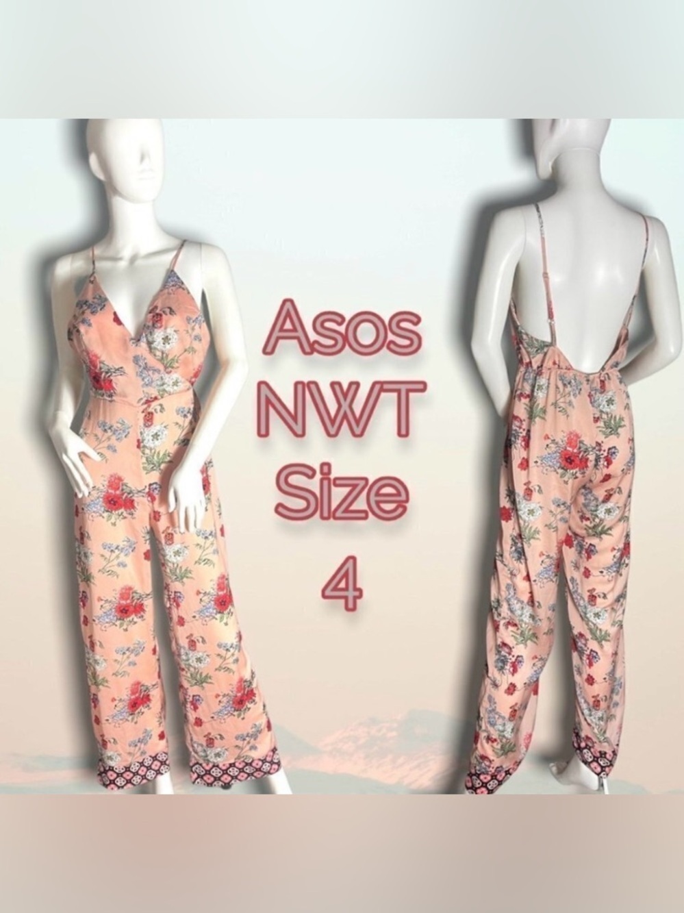 𝅺ASOS NWT Floral Strappy Jumpsuit Pink Size 4